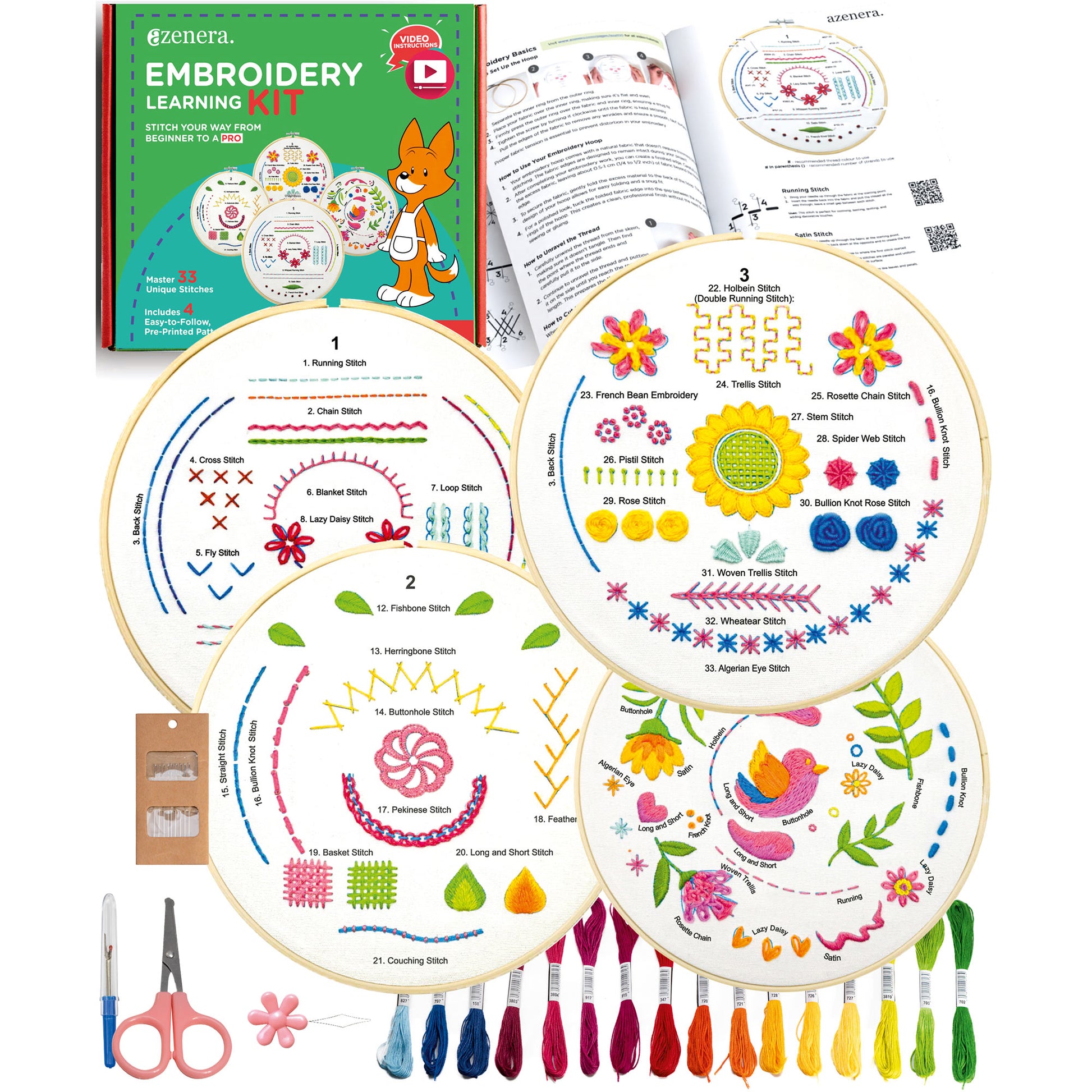 Azenera Beginner Embroidery Kit (4 Pack) to Learn 33 Stitches with Step by Step DIY Video Tutorials, Colored Design Patterns, Thread Floss, Cross Stitch Hoop, Gift