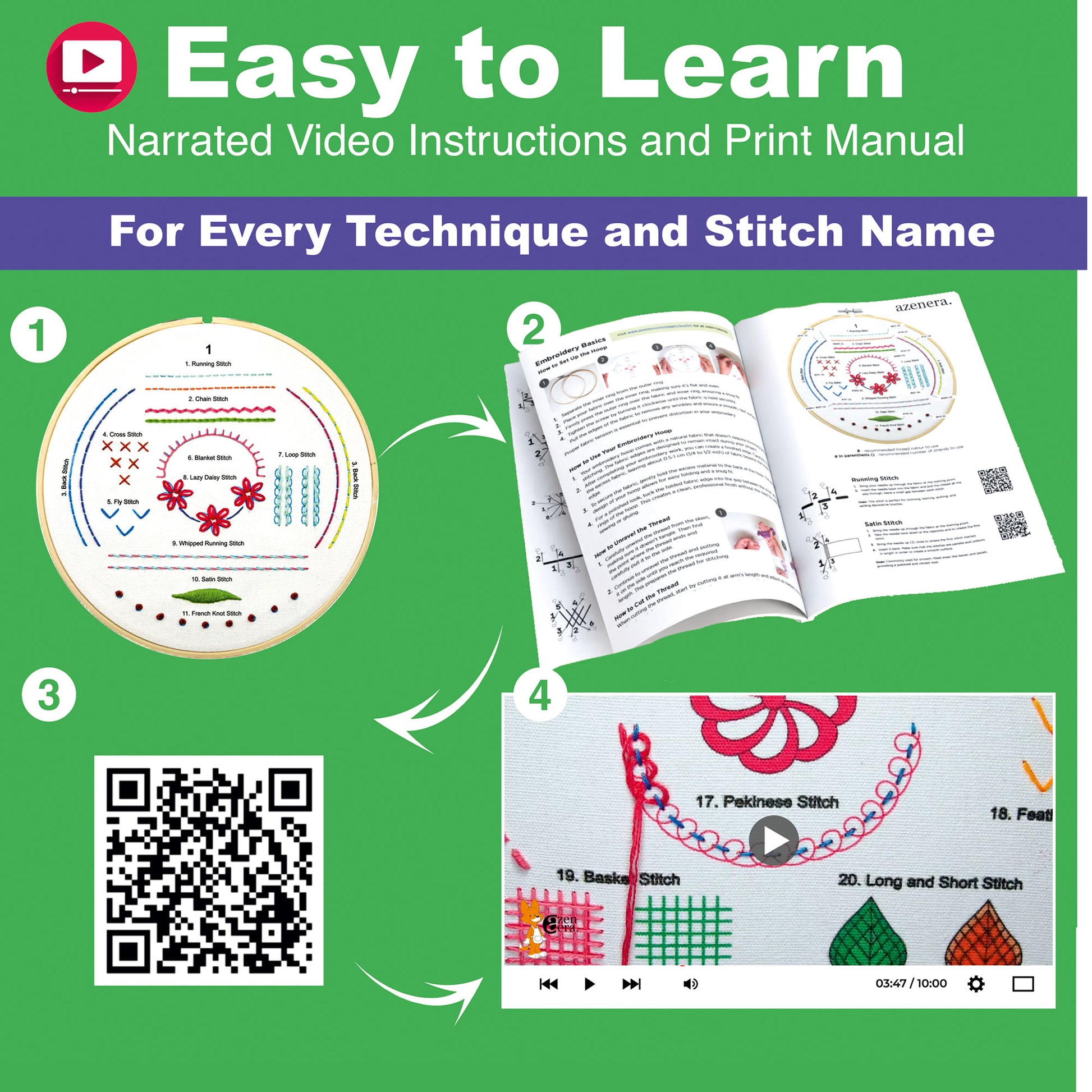 Azenera Beginner Embroidery Kit (4 Pack) to Learn 33 Stitches with Step by Step DIY Video Tutorials, Colored Design Patterns, Thread Floss, Cross Stitch Hoop, Gift