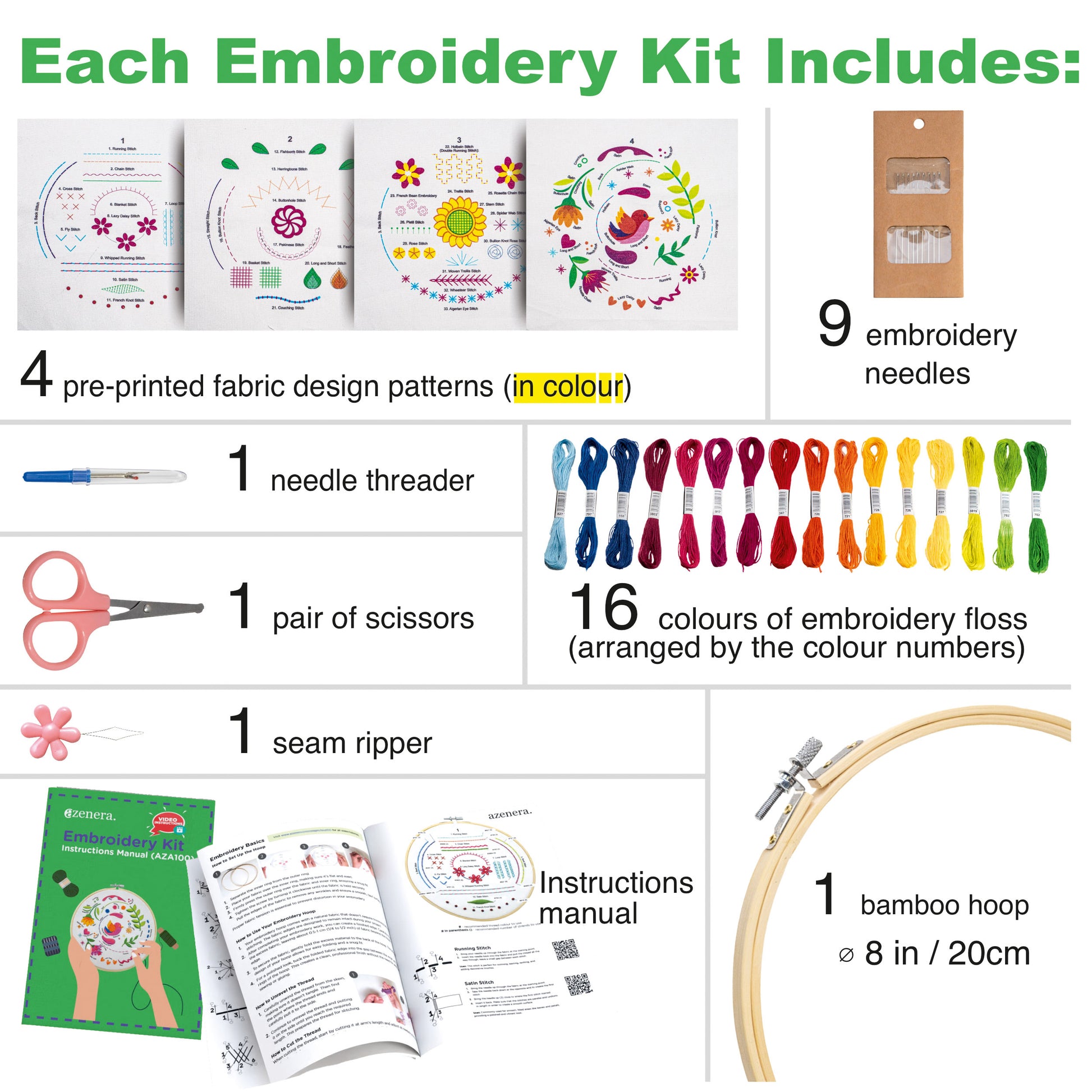 Azenera Beginner Embroidery Kit (4 Pack) to Learn 33 Stitches with Step by Step DIY Video Tutorials, Colored Design Patterns, Thread Floss, Cross Stitch Hoop, Gift
