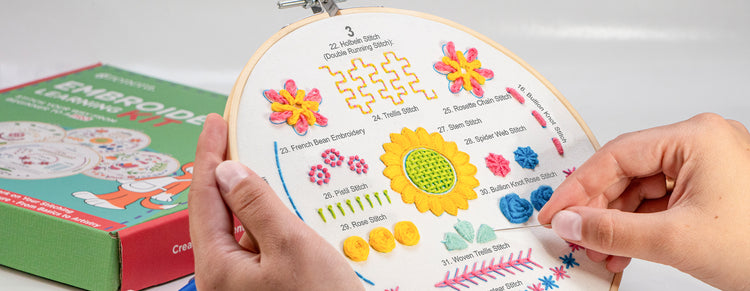 Azenera Beginner Embroidery Kit (4 Pack) to Learn 33 Stitches with Step by Step DIY Video Tutorials, Colored Design Patterns, Thread Floss, Cross Stitch Hoop, Gift