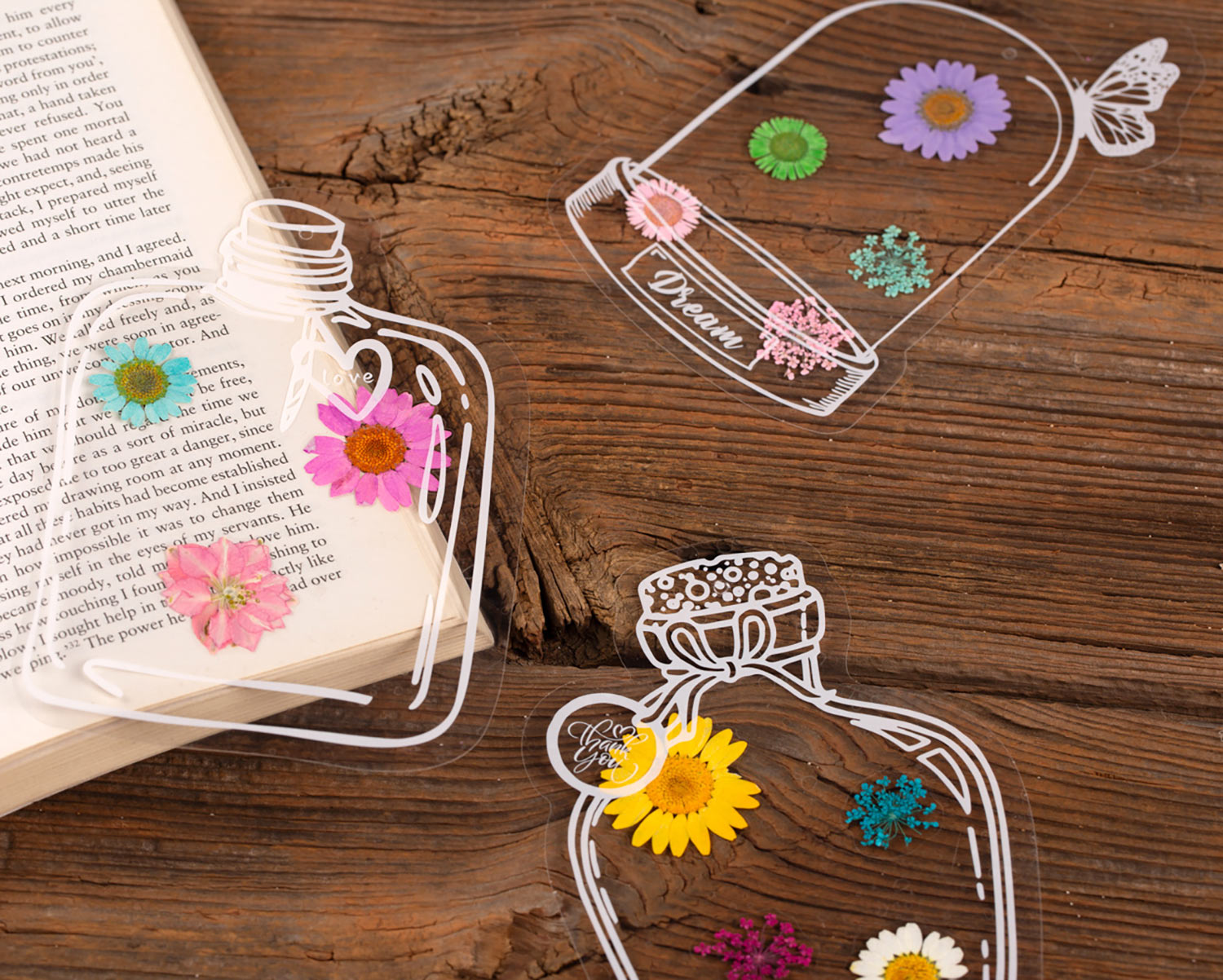 aZenera Dried Flower Bookmark DIY Kit - Includes Pressed Flowers, Transparent Bottle Jar Sheets, Tassels, Tweezers, Stickers