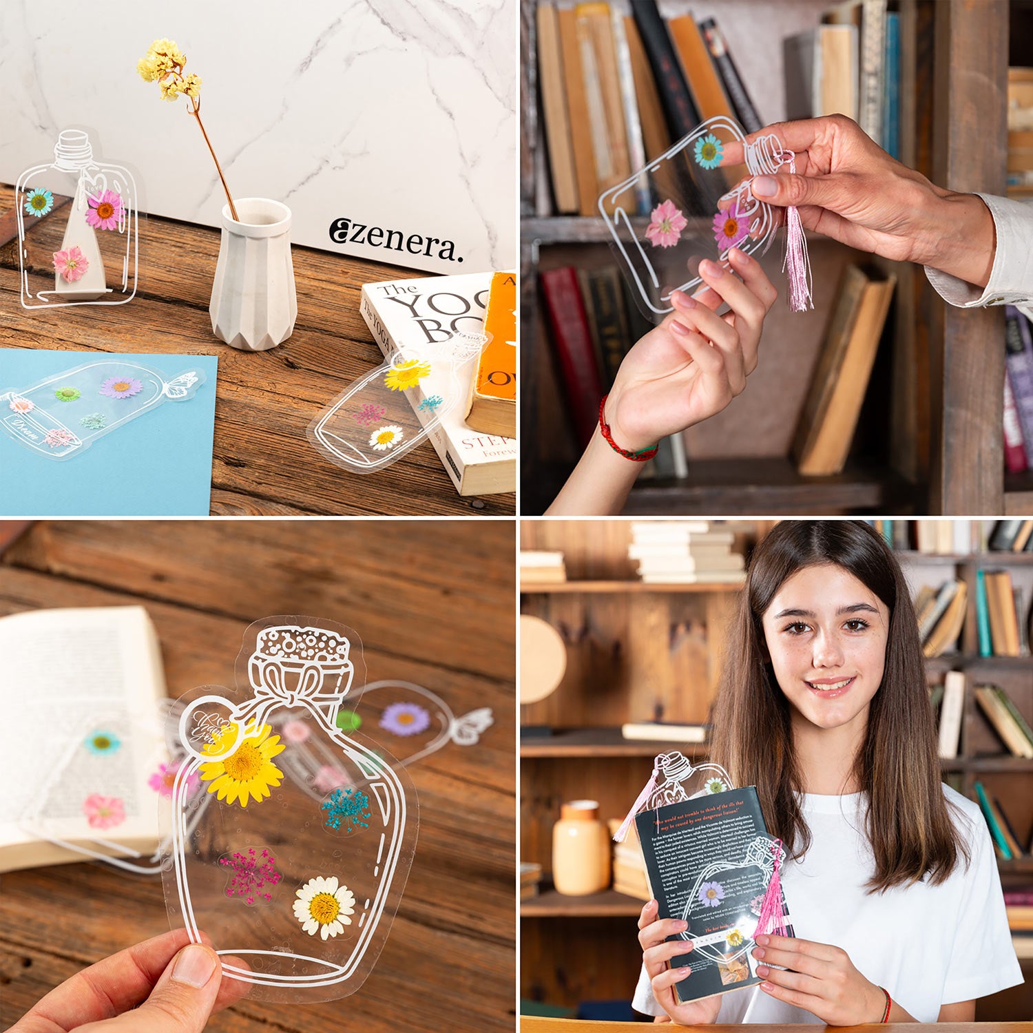 Dried Flower Bookmark DIY Kit - Includes Pressed Flowers, Transparent Bottle Jar Sheets, Tassels, Tweezers, Stickers