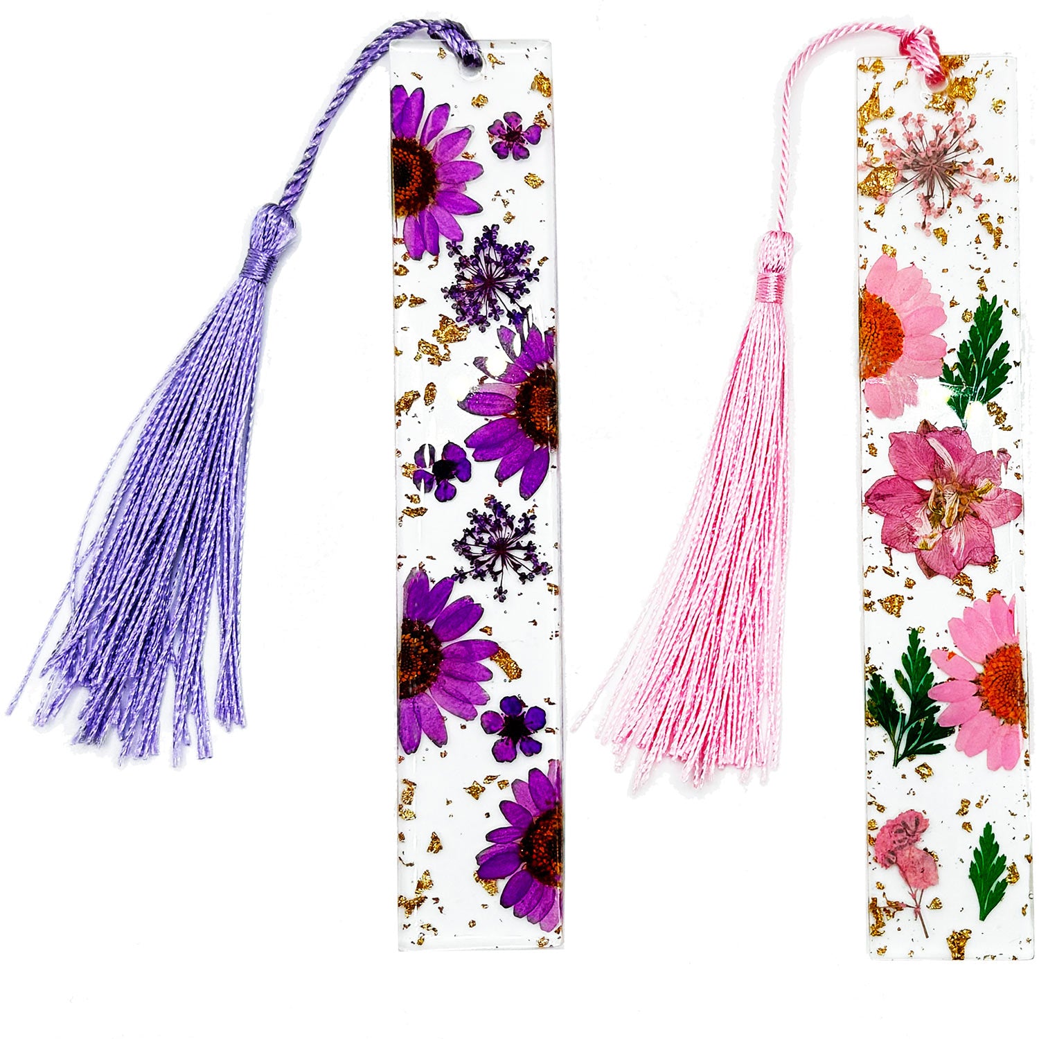 Pressed Flower Bookmarks (2 Pack) Clear Dried Floral Resin with Tassels Handmade Gift for Women, Students, Bookworms, Book Lovers, Accessories to Increase Reading Interest