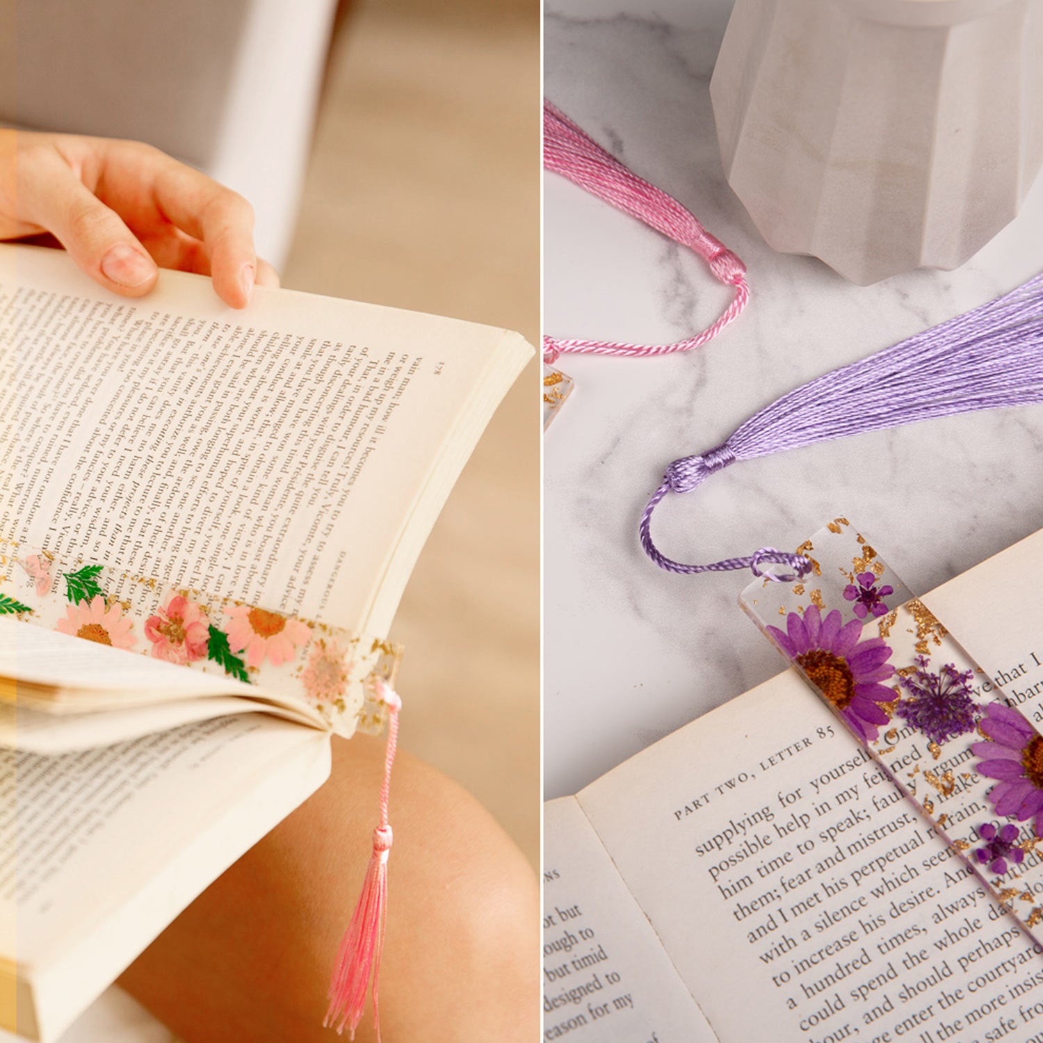 Pressed Flower Bookmarks (2 Pack) Clear Dried Floral Resin with Tassels Handmade Gift for Women, Students, Bookworms, Book Lovers, Accessories to Increase Reading Interest