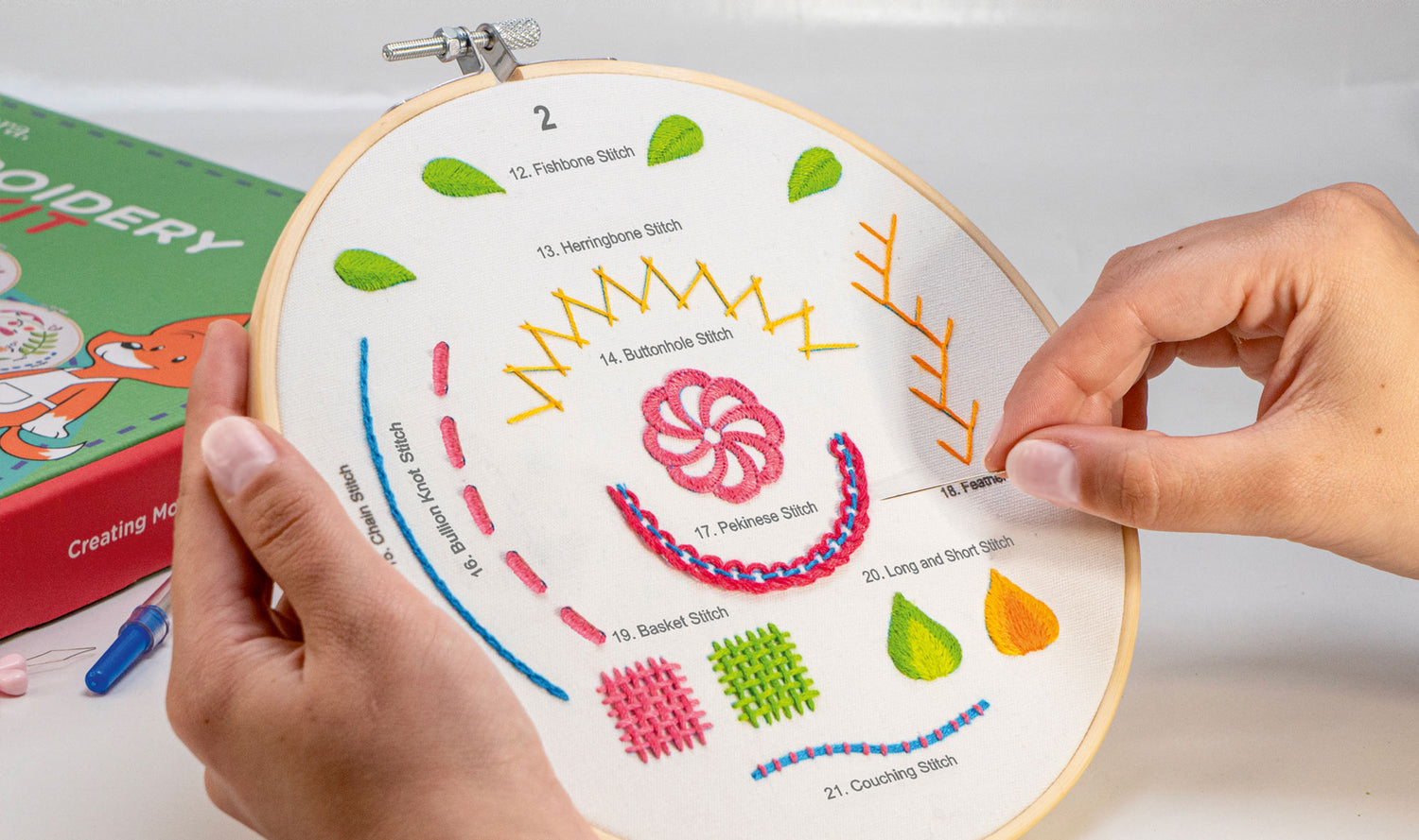  Azenera Embroidery Learning Kit for Beginners - Learn Different Stitches, Simple Patterns with Video Instructions | Includes Threads, Bamboo Hoop, 4 Cloth Fabric Designs, Tools 