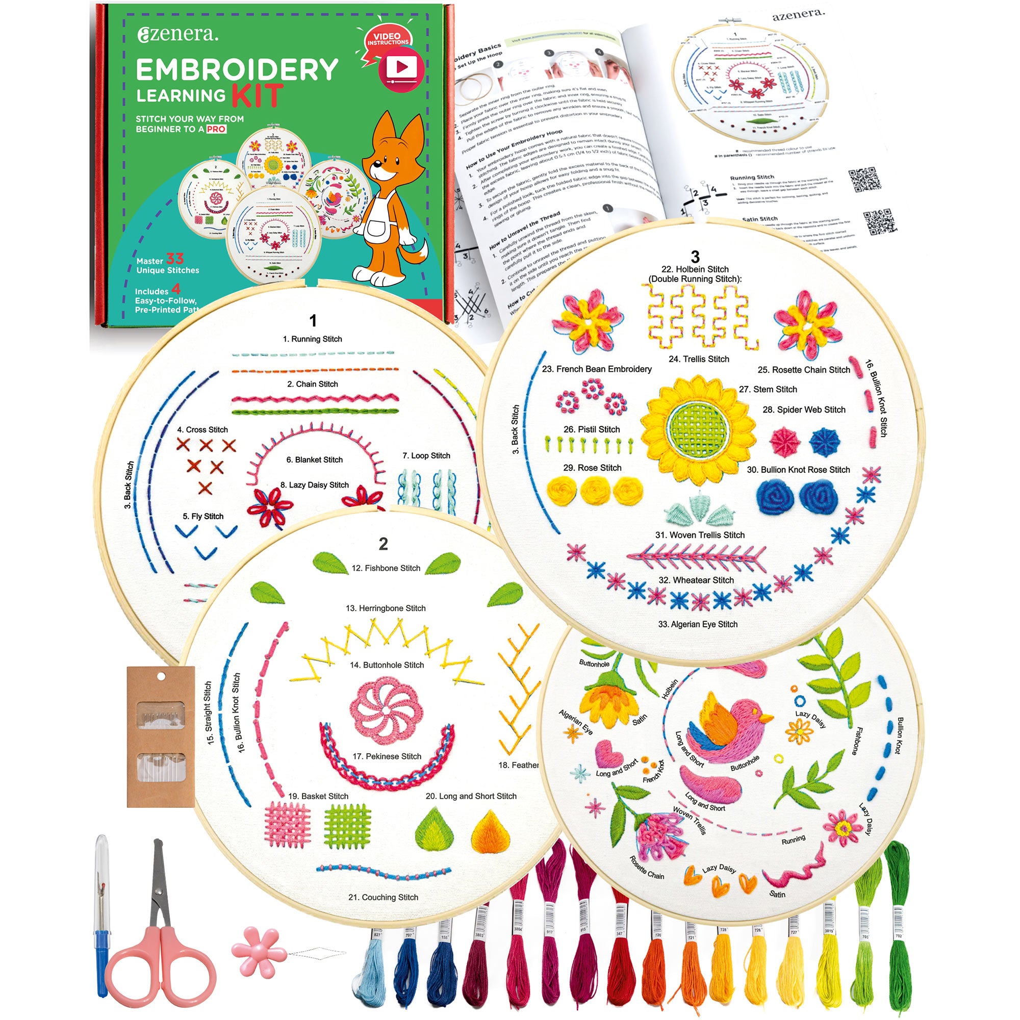 Beginner Embroidery Kit (4 Pack) for Adults, Learn 33 Stitches with Ea