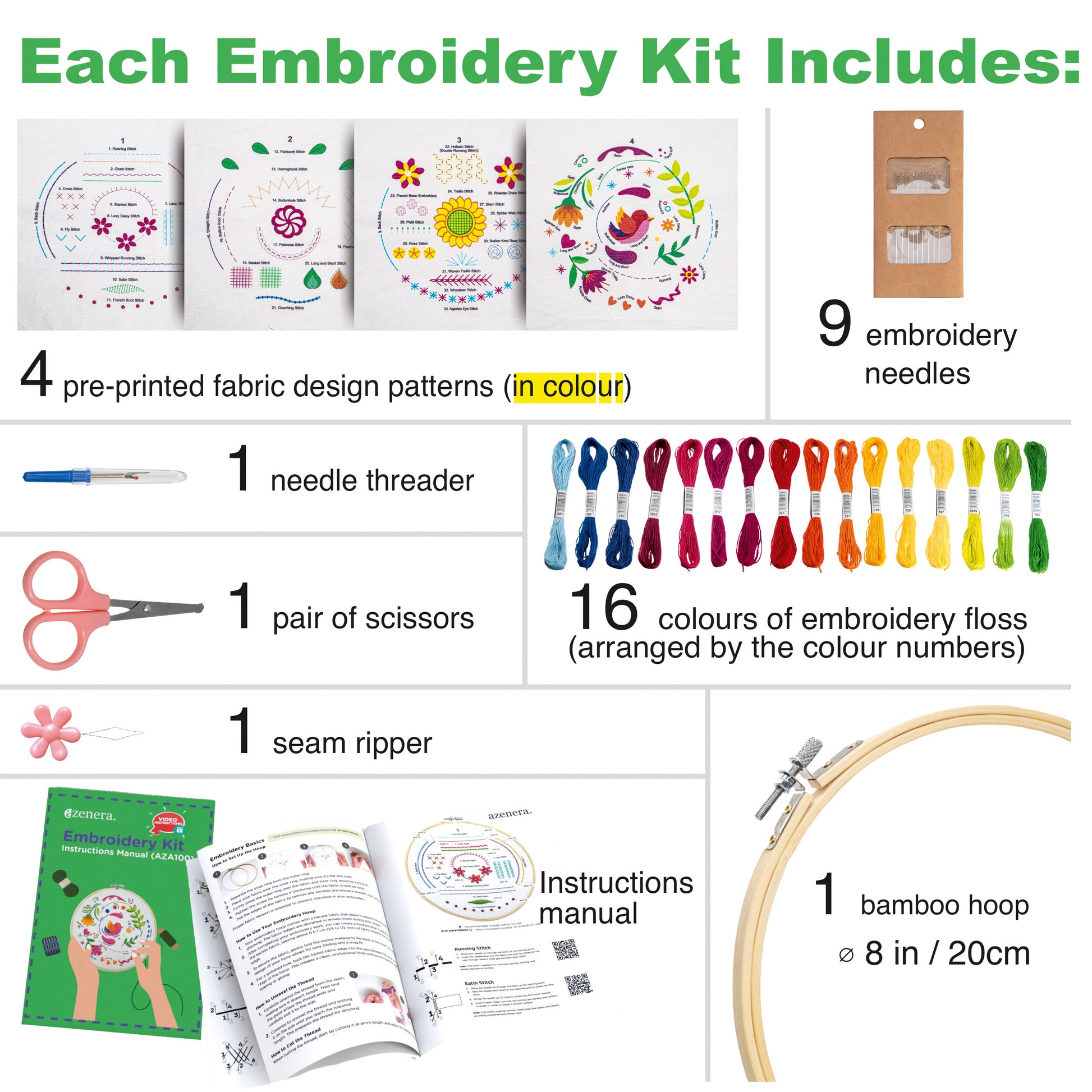 Azenera Beginner Embroidery Kit (4 Pack) to Learn 33 Stitches with Step by Step DIY Video Tutorials, Colored Design Patterns, Thread Floss, Cross Stitch Hoop, Gift 