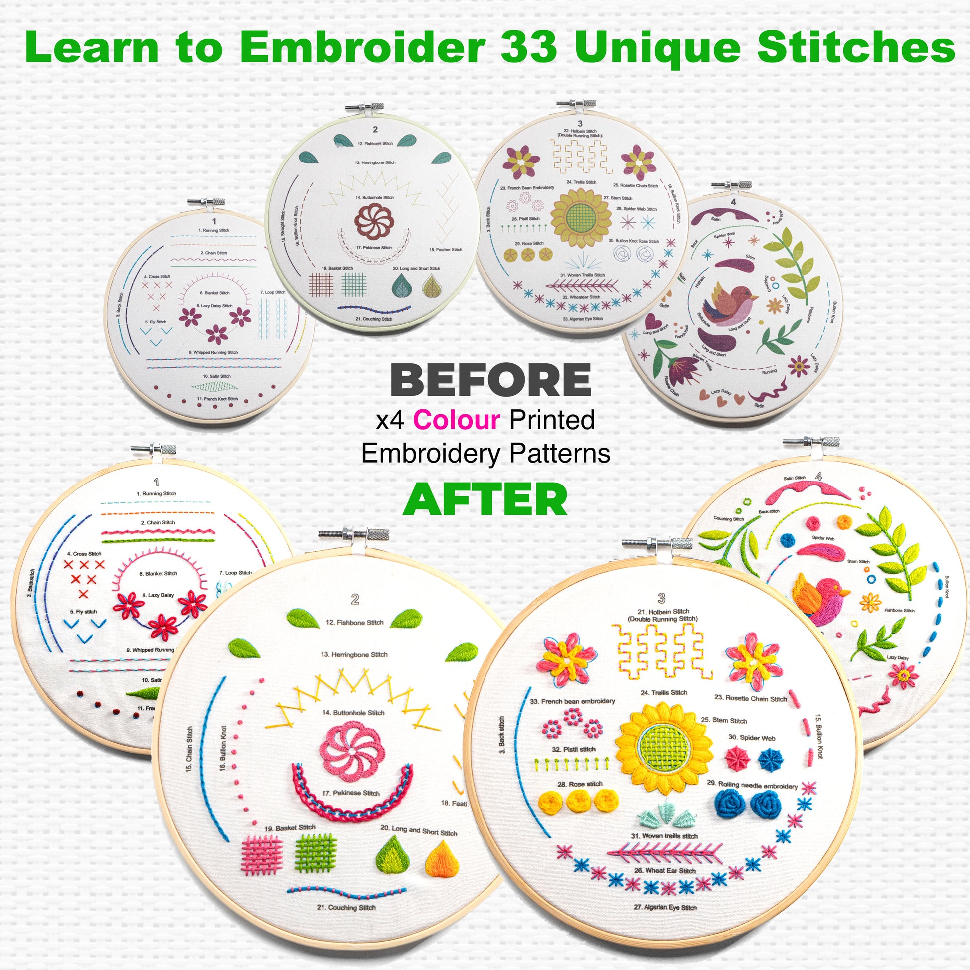 Azenera Beginner Embroidery Kit (4 Pack) to Learn 33 Stitches with Step by Step DIY Video Tutorials, Colored Design Patterns, Thread Floss, Cross Stitch Hoop, Gift 