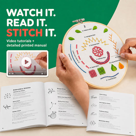 Embroidery kit shown with an open hoop holding a sample stitched design, two hands holding it, printed instruction booklets below, and large promotional text reading 'WATCH IT. READ IT.