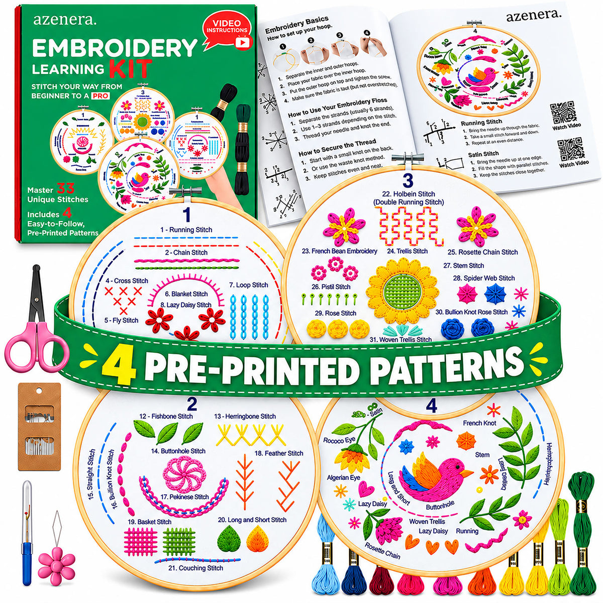 Azenera Embroidery Learning Kit shown with its green retail box, an open embroidery basics booklet, four large circular stitch guides labeled 1-4, embroidery floss spools, a wooden stitch board, and embroidery needles on a white background.