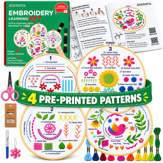 Azenera Embroidery Learning Kit shown with its green retail box, an open embroidery basics booklet, four large circular stitch guides labeled 1-4, embroidery floss spools, a wooden stitch board, and embroidery needles on a white background.