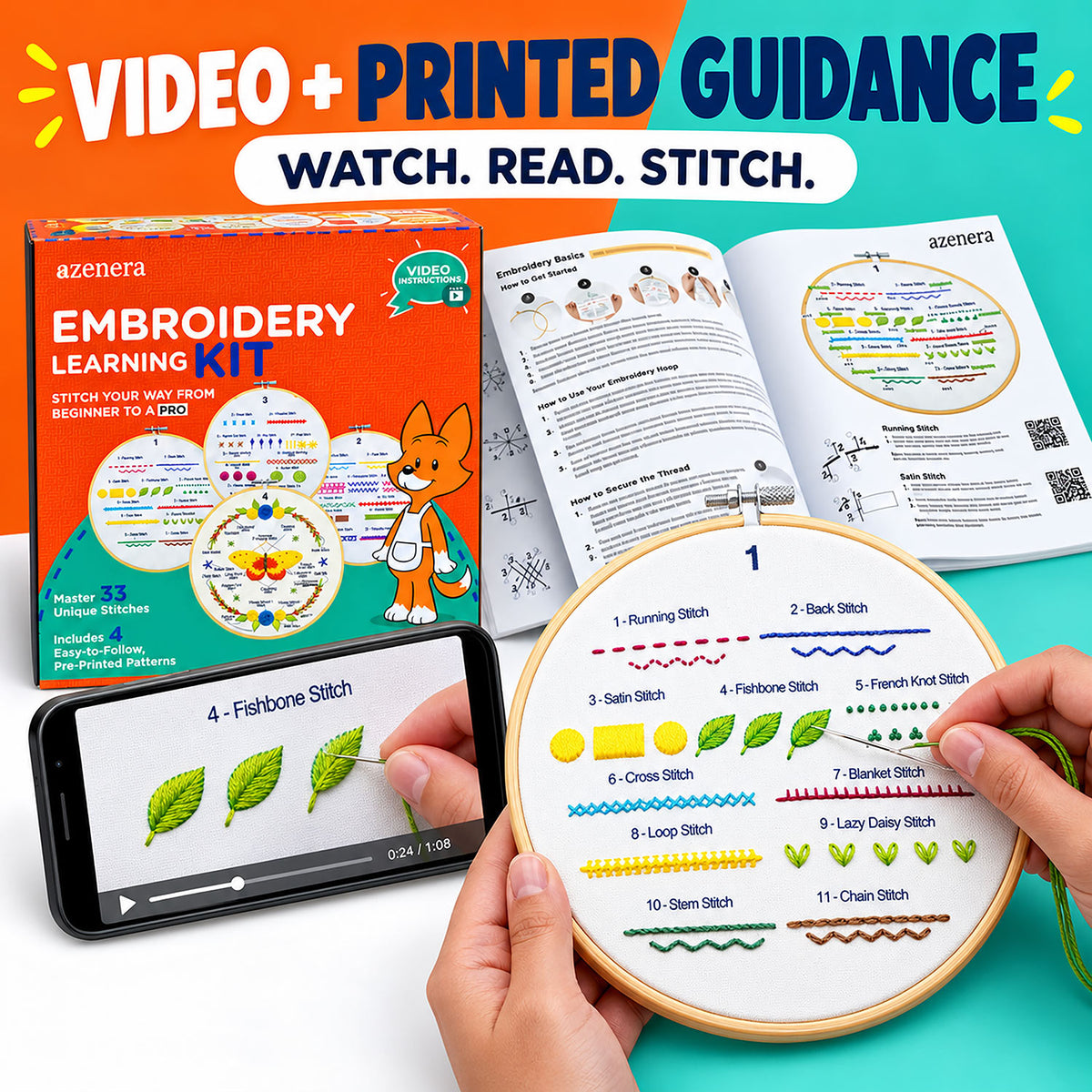 Azenera Embroidery Learning Kit shown with its orange retail box, printed instruction booklet, smartphone video lesson screen, and a hand holding an embroidery hoop with stitched sample stitches. Large text at the top reads 'VIDEO + PRINTED GUIDANCE' and 'WATCH.