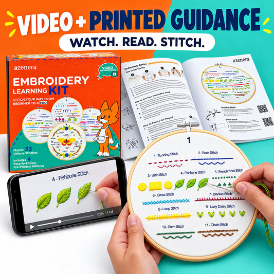 Azenera Embroidery Learning Kit shown with its orange retail box, printed instruction booklet, smartphone video lesson screen, and a hand holding an embroidery hoop with stitched sample stitches. Large text at the top reads 'VIDEO + PRINTED GUIDANCE' and 'WATCH.