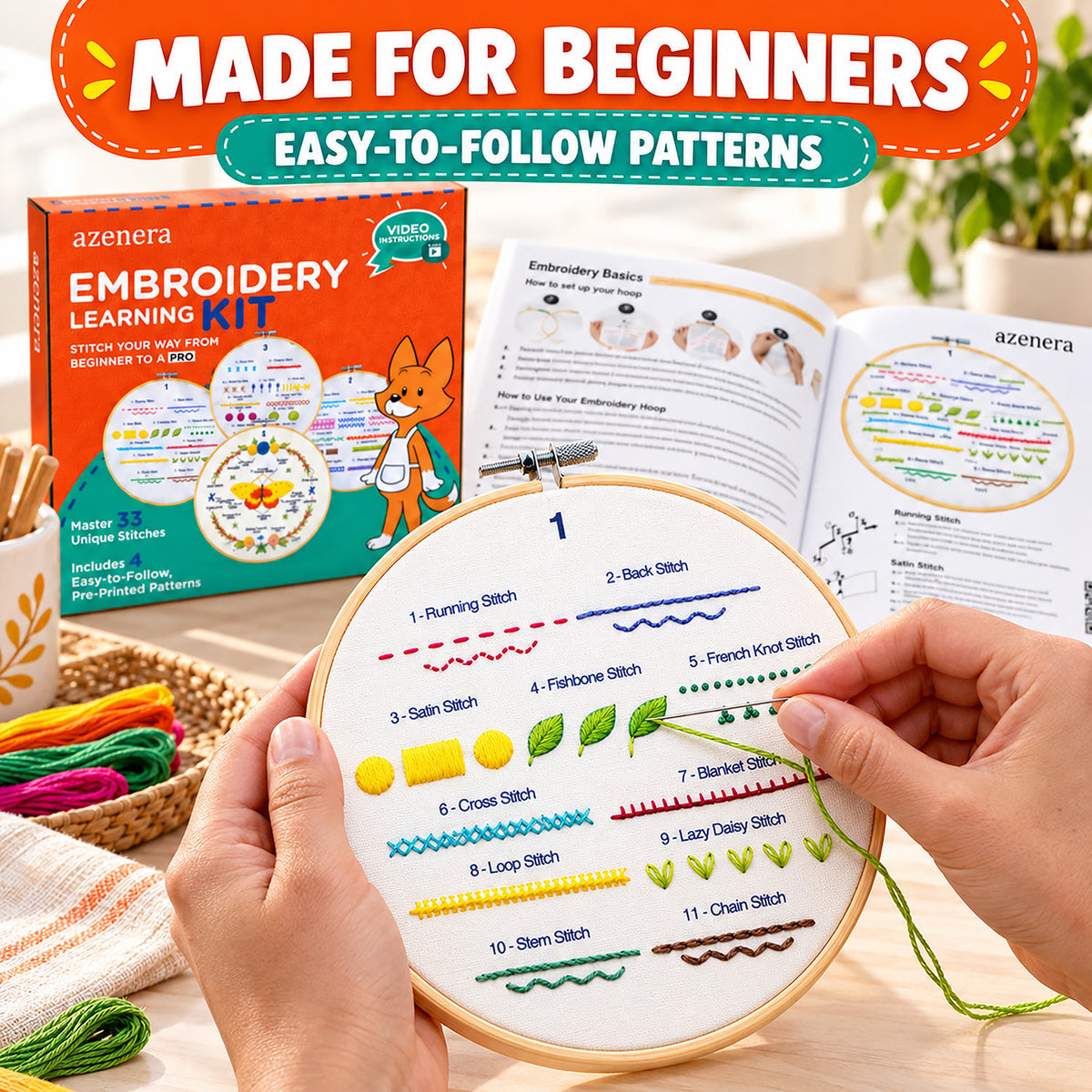 A person's hands hold an embroidery hoop displaying a stitch tutorial from the Azenera Embroidery Learning Kit. The kit includes a colorful orange box, an open instruction booklet, and various threads in the background.