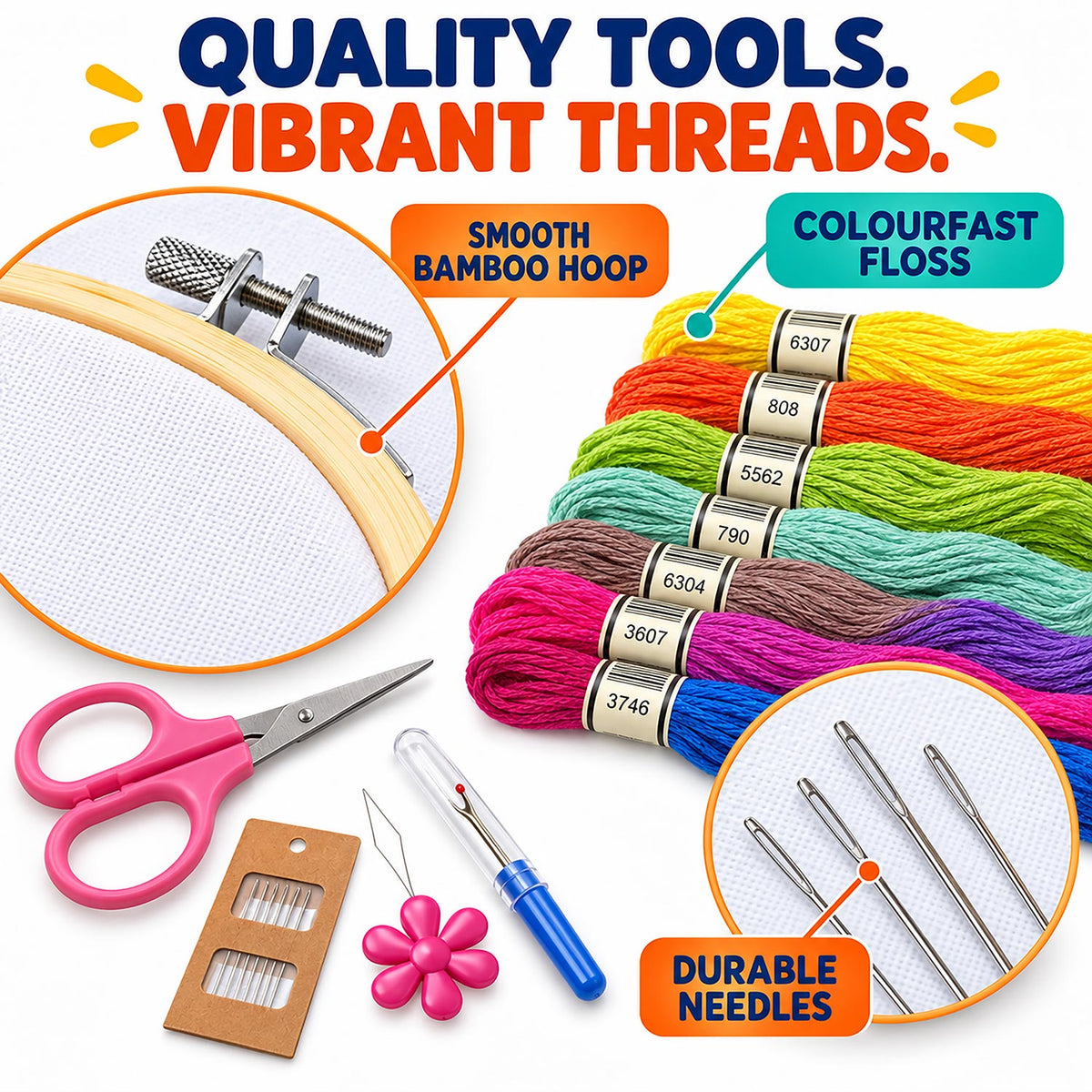 Embroidery kit with multiple colorful floss threads, pink-handled scissors, a blue and silver needle thread machine, a wooden needle tray, a pink flower-shaped stitch holder, and a bamboo hoop, shown on a white background with promotional text callouts.