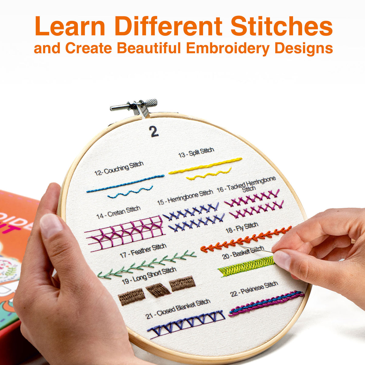 A person holds an embroidery hoop displaying 22 different embroidery stitch patterns, with hands pointing to one of the stitches. The image has a bold orange header at the top that reads 'Learn Different Stitches and Create Beautiful Embroidery Designs'.