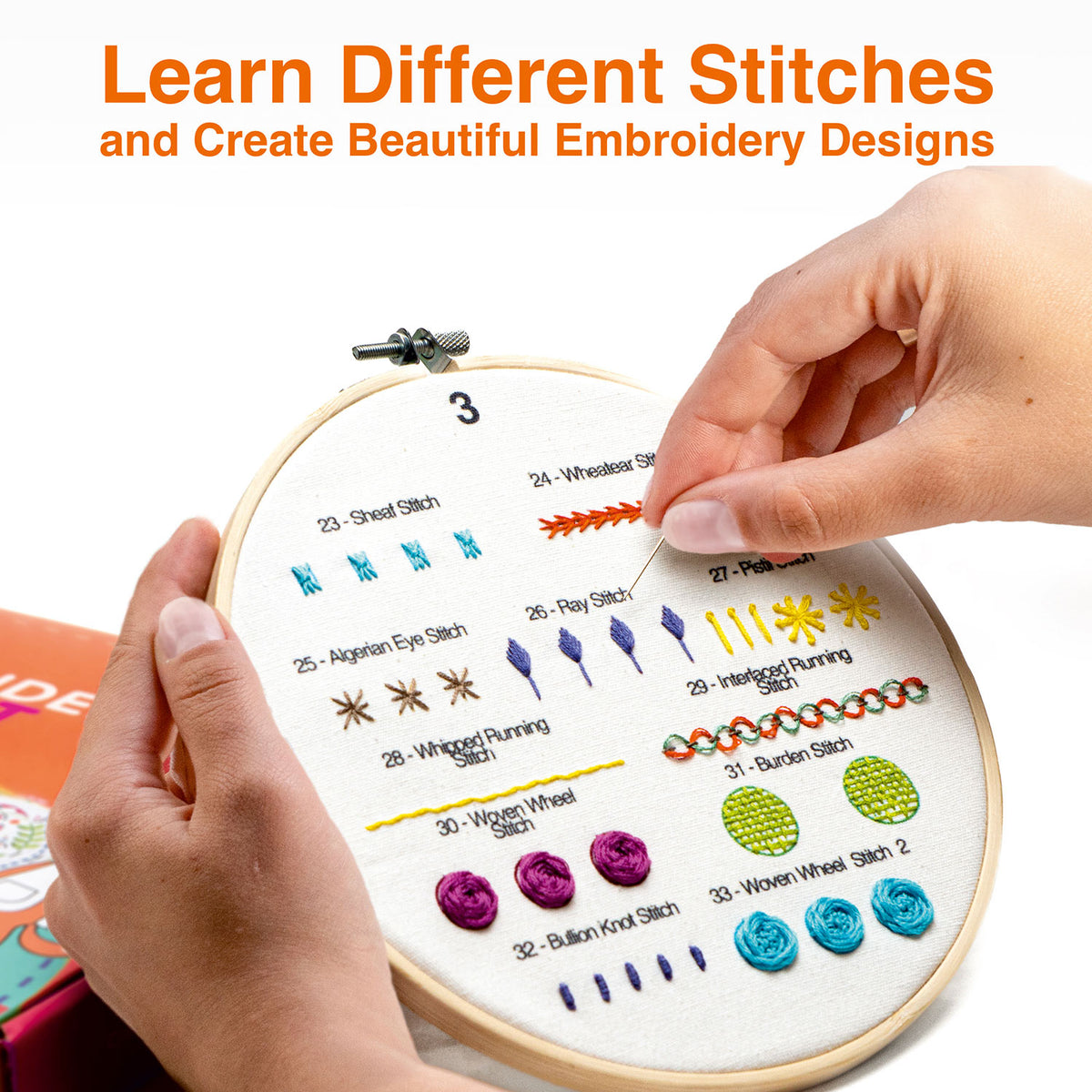 A person holds a wooden embroidery hoop with white fabric showing multiple embroidered stitch examples and text labels, while another hand demonstrates stitching with a needle. Orange headline text at the top reads, 'Learn Different Stitches and Create Beautiful Embroidery Designs.