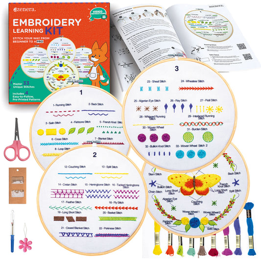 Azenera Embroidery Kit for Beginners - Learn 33 Stitches, Simple Patterns with Videos (AZD200)