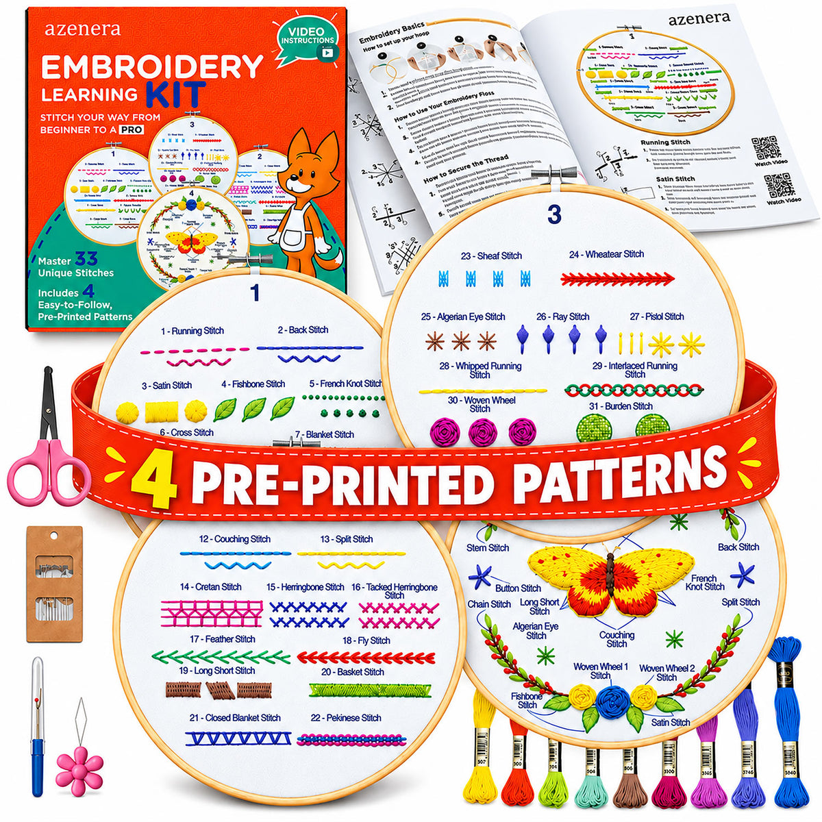 Azenera Embroidery Learning Kit shown as a product bundle with its colorful retail box, instruction booklet, embroidery needles, thread spools, and four circular pre-printed pattern sheets. The kit is designed for beginners and includes over 30 different stitches.